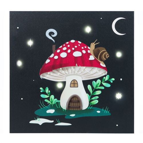 Whimsical Gnome light up canvas wall art featuring a colourful mushroom house with a snail and stars against a dark background