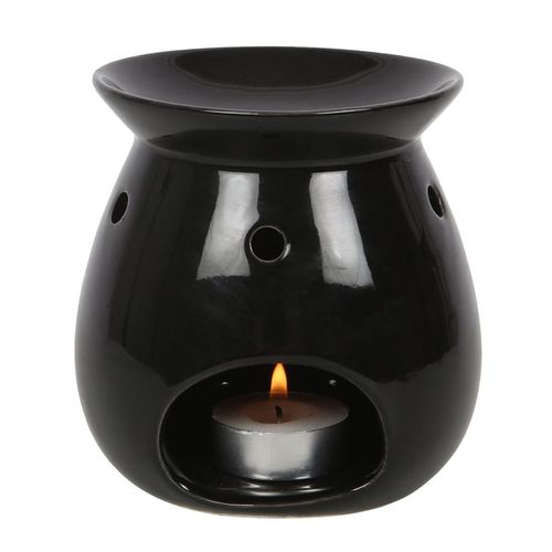 Elegant Mabon wax melt burner gift set featuring a glossy black ceramic design with a lit tealight candle for aromatherapy.
