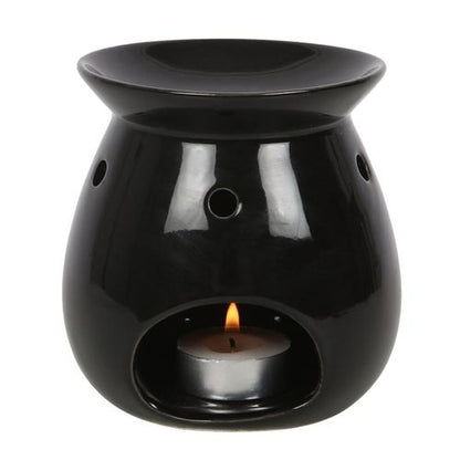 Elegant Mabon wax melt burner gift set featuring a glossy black ceramic design with a lit tealight candle for aromatherapy.