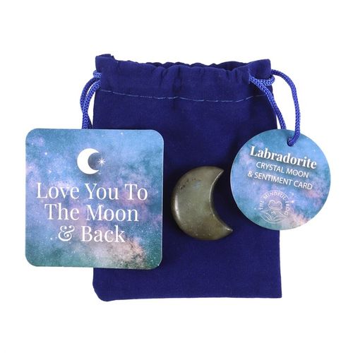 Labradorite crystal moon in a navy bag with sentiment card for reiki healing crystal moon enthusiasts