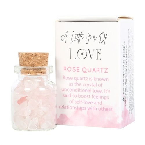 Small jar of rose quartz in matchbox, featuring pink stones for self-love and relationships, from Kimchi Toki