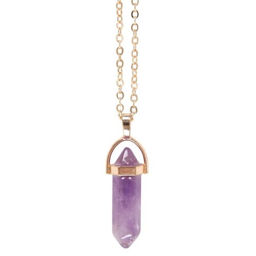 Elegant amethyst crystal necklace featuring a stunning crystal pendant, paired with a beautiful amethyst crystal card.