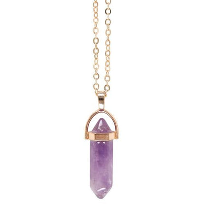 Elegant amethyst crystal necklace featuring a stunning crystal pendant, paired with a beautiful amethyst crystal card.