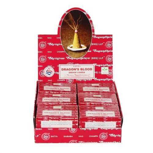 Set of 12 packets of Dragon's Blood Dhoop cones for meditation in decorative box for spiritual practices.