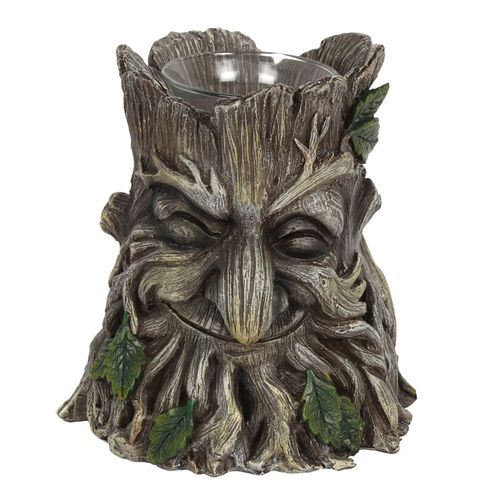 Decorative Green Man candle holder with intricate tree bark texture and leafy details, perfect for adding charm to any space