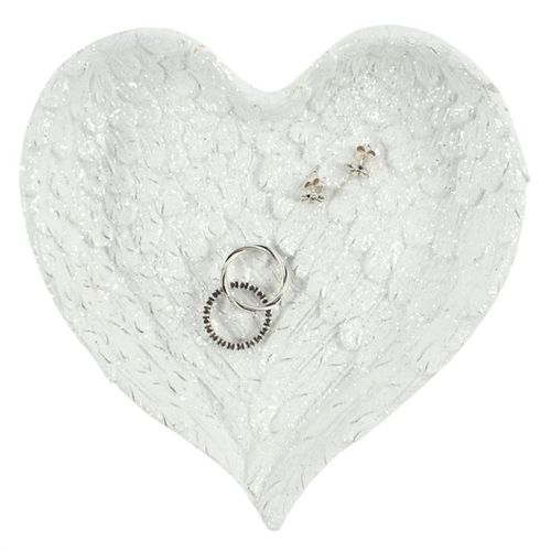 Glitter heart shaped angel wing jewellery dish with silver rings and earrings, perfect for storing precious items