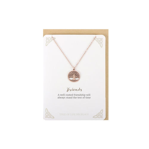 Rose gold looking tree of life necklace and card with Friends inscription, symbolizing enduring friendship and support.