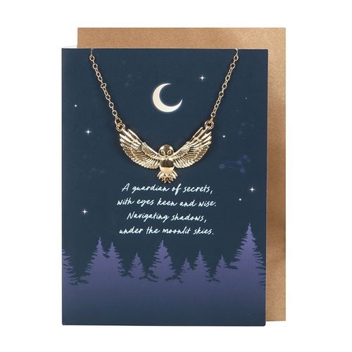 Night Owl Necklace featured on a beautiful greeting card with a celestial design, perfect for gifting.