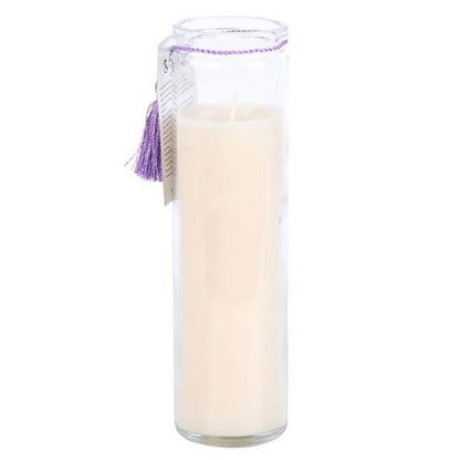 Elegant violet tube candle in a clear glass holder, perfect for soothing ambiance and spiritual practices.