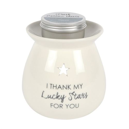 Lucky Stars wax melt burner gift set featuring a cream ceramic burner with a star design and a lid for fragrance storage.