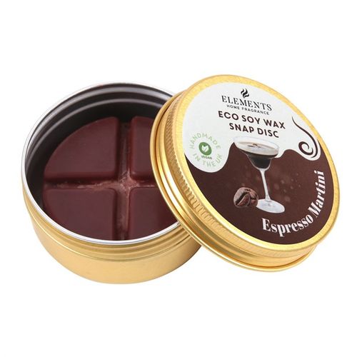 Espresso martini wax melts in a gold tin with a rich brown soy wax snap disc for a delightful fragrance experience