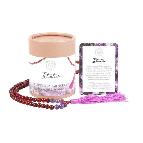Intuition Mallah necklace featuring rosewood and amethyst beads with a purple tassel, packaged beautifully for spiritual healing.