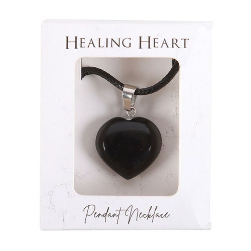 Black Obsidian Healing Crystal Heart Necklace displayed on a card, symbolising love and healing energy.
