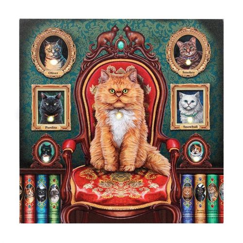 Colorful Lisa Parker cat artwork featuring a regal orange cat on an ornate chair with framed cat portraits
