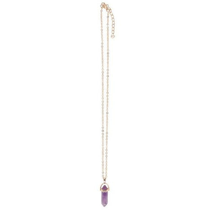 Elegant amethyst crystal necklace on a delicate gold chain, perfect for spiritual connection, featured with an Amethyst Crystal Card