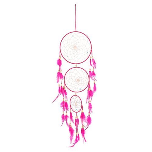 Decorative pink dreamcatcher with feathers, featuring three circular frames and hanging feathers, perfect for home decor