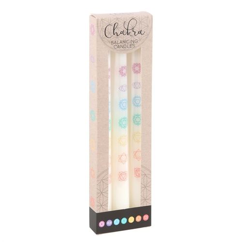 Set of 3 chakra balancing candles set in a decorative box featuring colorful chakra symbols for spiritual wellness