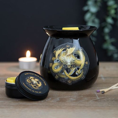 Imbolc wax melt burner featuring intricate dragon artwork, accompanied by wax melts, perfect for aromatherapy and home decor