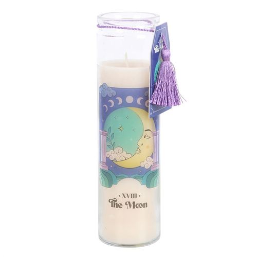 The Moon Violet Tube Candle featuring a serene moon design, surrounded by clouds and a tassel for decorative charm
