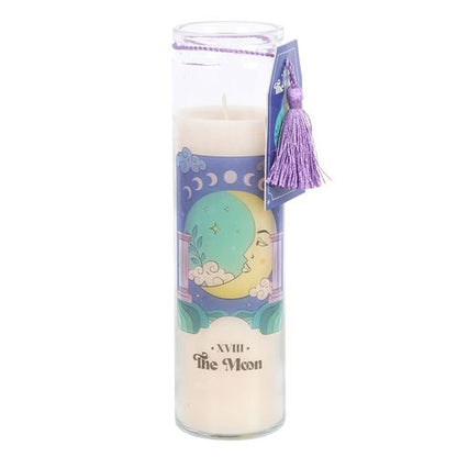 The Moon Violet Tube Candle featuring a serene moon design, surrounded by clouds and a tassel for decorative charm