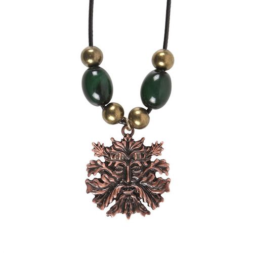 Stunning Green Man Pendant necklace with copper face and decorative green and gold beads on a leather cord