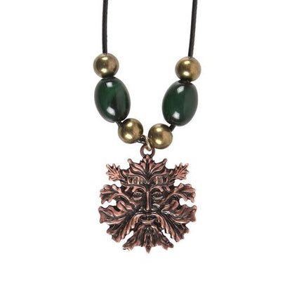 Stunning Green Man Pendant necklace with copper face and decorative green and gold beads on a leather cord