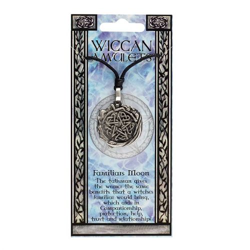 Familiars Moon Wiccan Amulet Necklace on a decorative card, designed for protection and spiritual connection
