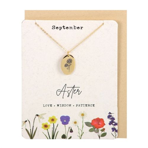 September birth flower necklace featuring an oval pendant with an aster design on a card detailing love, wisdom, and patience