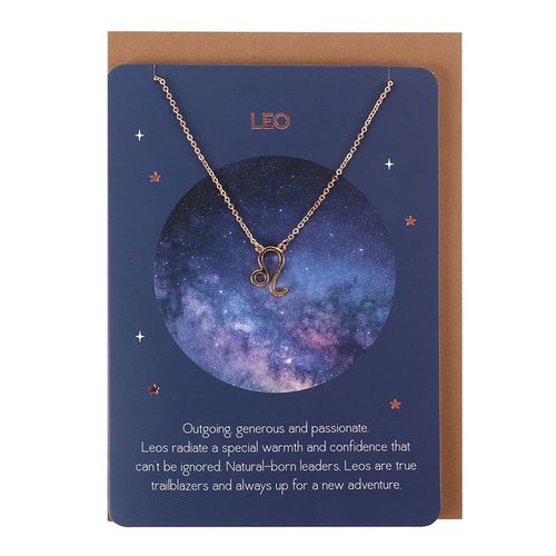 Leo zodiac necklace and card featuring a gold tone necklace with a Leo symbol on a cosmic background, perfect for astrology lovers
