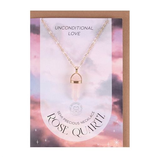 Rose quartz crystal necklace and card featuring a beautiful pendant on a pastel sky background, symbolizing unconditional love.