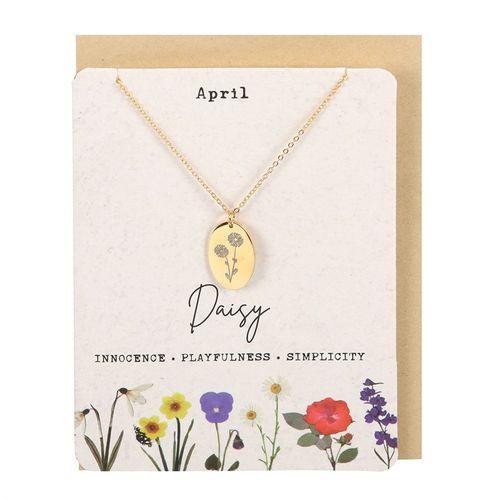 April birth flower necklace featuring a daisy pendant on a card with floral design and descriptive words.