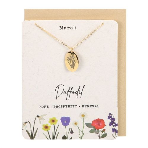 Elegant Daffodil Necklace on a card featuring flowers and the words hope, prosperity, and renewal for March birthdays