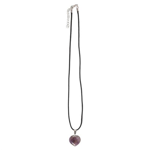 Amethyst Crystal Necklace featuring a heart-shaped pendant on a black cord, perfect for healing and spiritual style.