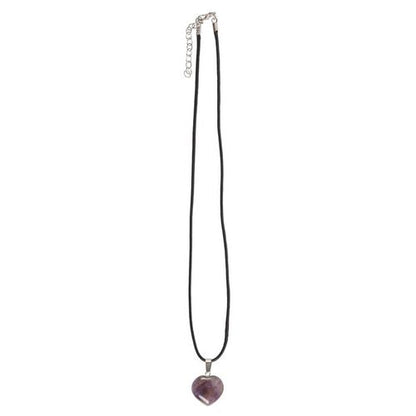 Amethyst Crystal Necklace featuring a heart-shaped pendant on a black cord, perfect for healing and spiritual style.