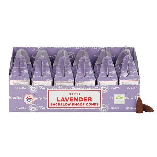Set of 6 packets of Satya Lavender backflow dhoop cones, elegantly packaged in a lavender box for aromatic experiences.