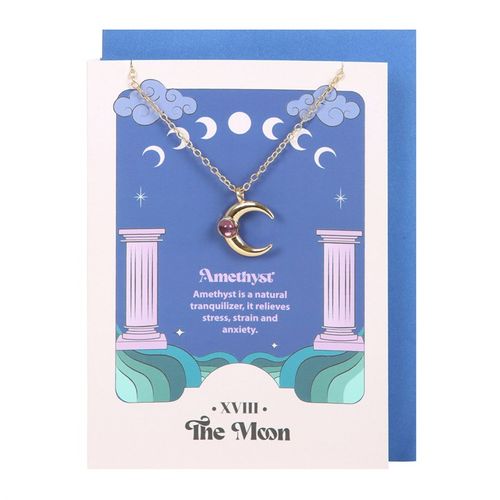 Moon Amethyst Necklace featuring a crescent moon pendant with amethyst gemstone, displayed on an illustrated card