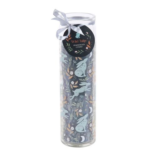 Midnight Hare Wild Tulip Tube Candle featuring elegant floral design and a decorative ribbon, perfect for ambiance and gifting