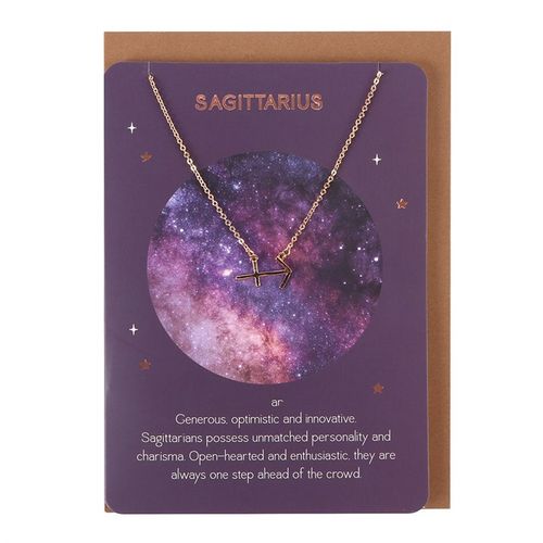 Sagittarius zodiac necklace and card featuring a delicate gold coloured arrow on a cosmic-themed background with zodiac traits
