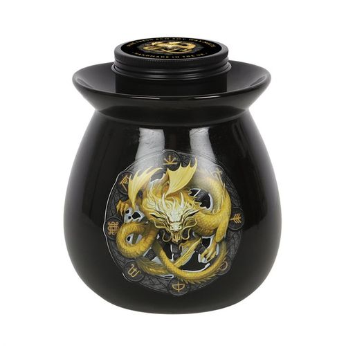 Imbolc wax melt burner featuring a golden dragon design on a black ceramic surface, ideal for creating a warm ambiance