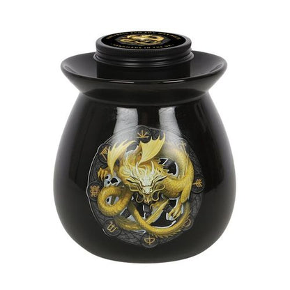 Imbolc wax melt burner featuring a golden dragon design on a black ceramic surface, ideal for creating a warm ambiance