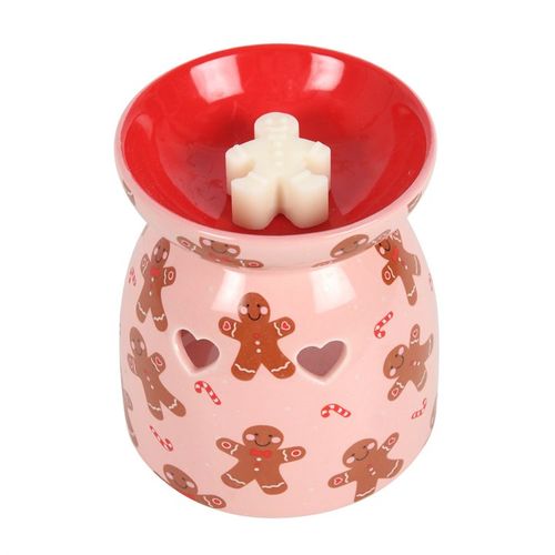 Gingerbread Wax Melt Burner Gift Set featuring a pink ceramic burner with gingerbread designs and a red bowl