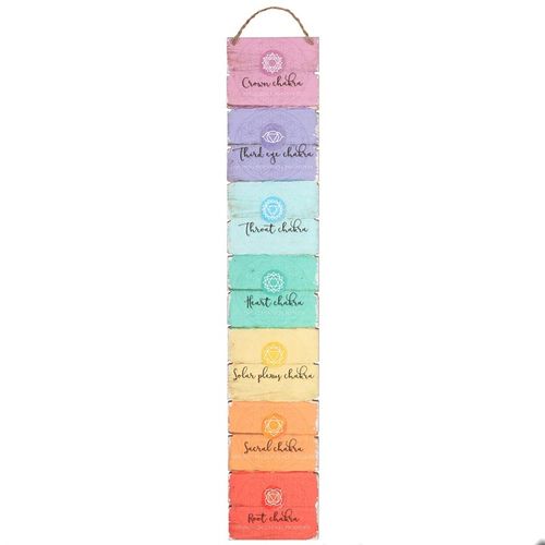 The Seven Chakras Wall Plaque featuring colorful chakra symbols and names, perfect for spiritual decor from Kimchi Toki
