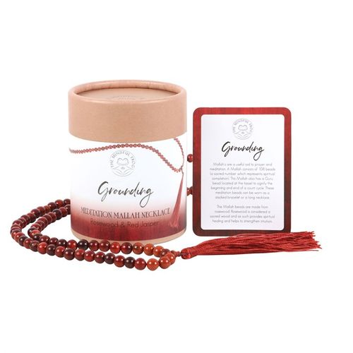 Grounding Mallah necklace made with rosewood and red jasper beads, presented in a beautiful display box with a description card