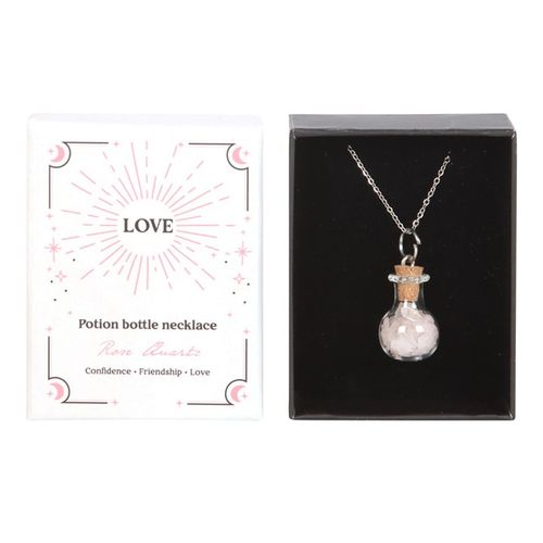 Rose quartz potion bottle necklace in a gift box, symbolizing love, confidence, and friendship with crystal chips and silver chain