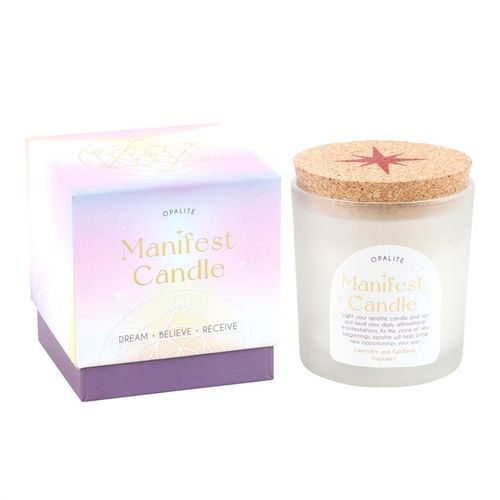 Opalite manifestation candle in a frosted glass jar with a cork lid, packaged in a colorful box featuring spiritual designs