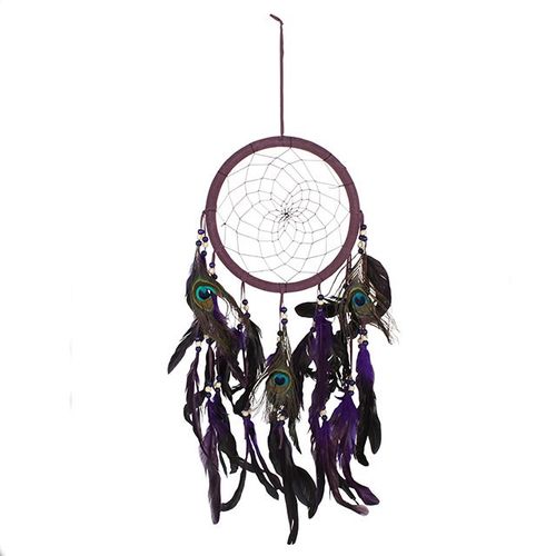 Beautiful purple peacock feather dreamcatcher featuring intricate feathers and vibrant colors, perfect for home decor.
