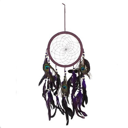Beautiful purple peacock feather dreamcatcher featuring intricate feathers and vibrant colors, perfect for home decor.