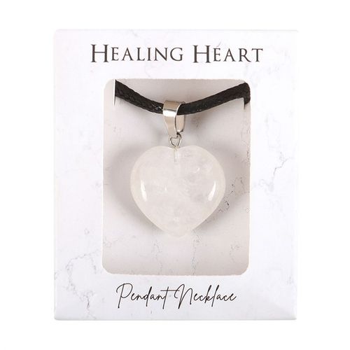 Clear Quartz healing crystal pendant necklace displayed on a white background with the text Healing Heart