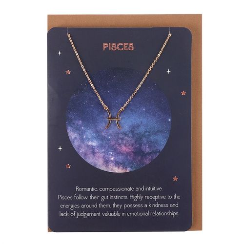 Beautiful Pisces zodiac necklace and card featuring a gold coloured chain and unique symbol on a cosmic background.