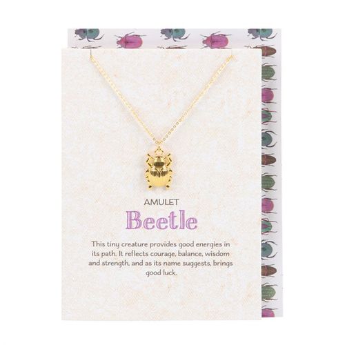 Beetle Necklace displayed on a decorative card, symbolizing courage and good luck, perfect for spiritual enthusiasts.